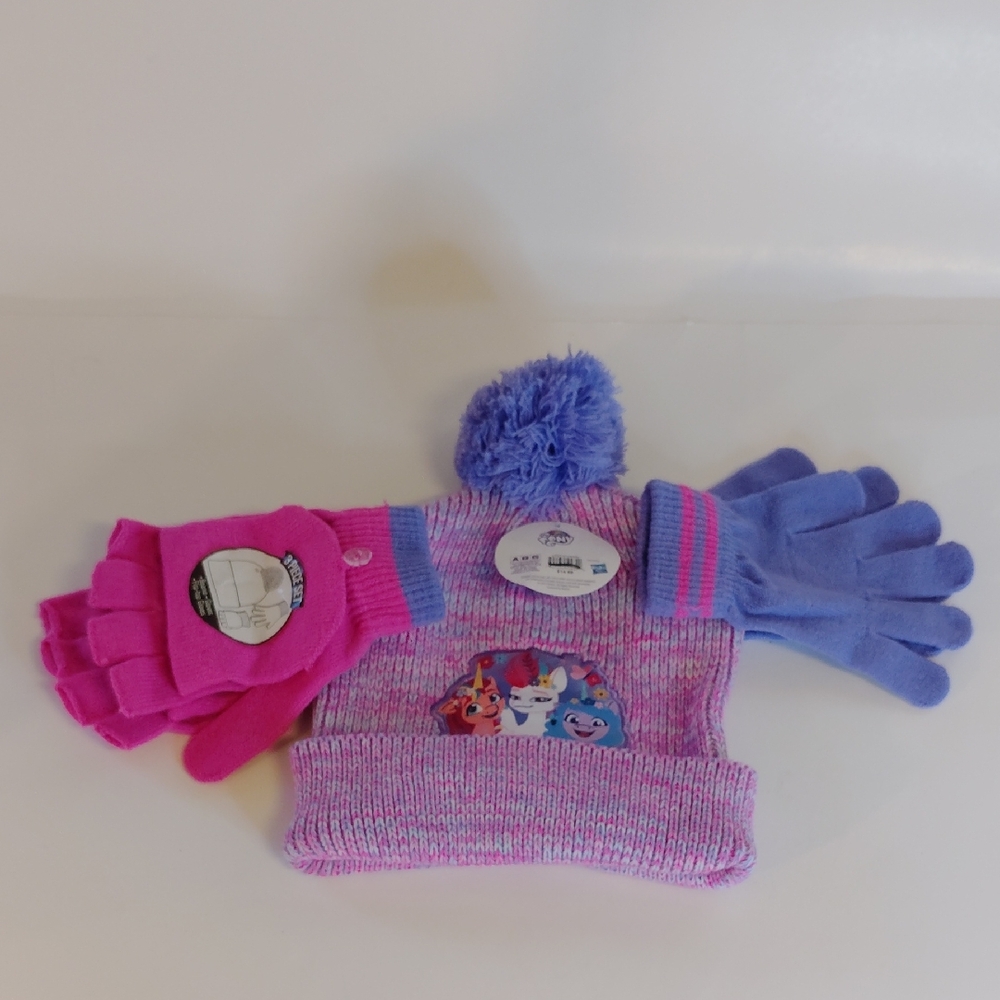 Hasbro Pink and Blue Kids Hat and Gloves Set